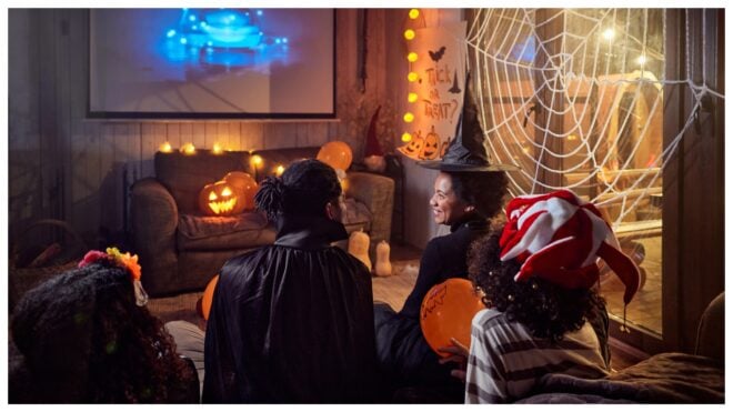 family watching a Halloween movie